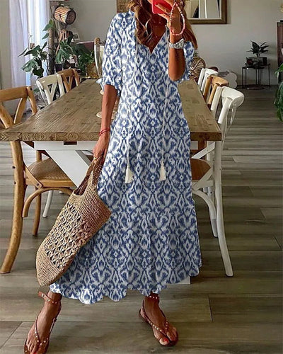Andrea - Boho Vintage V-hals Bedrukte Jurk