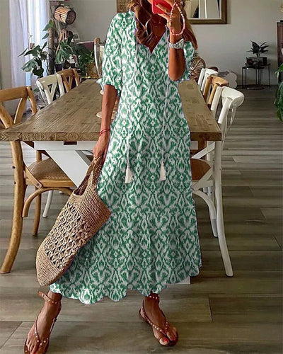 Andrea - Boho Vintage V-hals Bedrukte Jurk