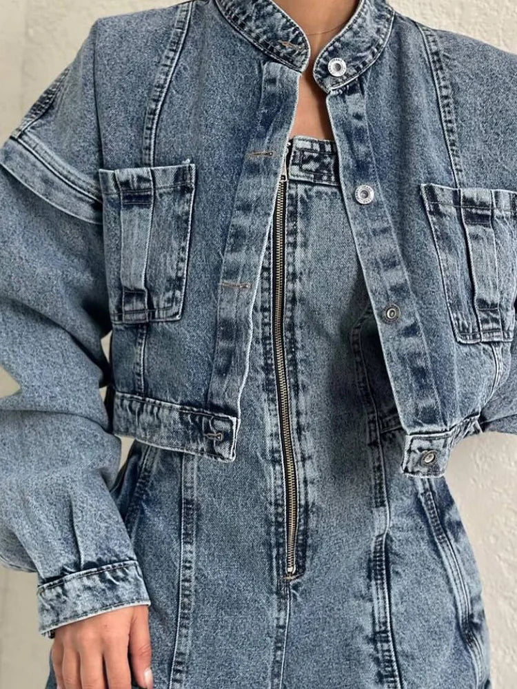Denim Bandeau Jumpsuit met Rits en Jasje Set 