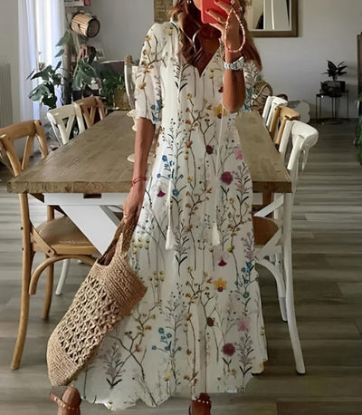 Andrea - Boho Vintage V-hals Bedrukte Jurk