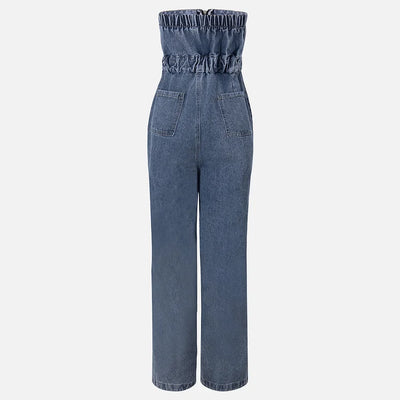 Denim Bandeau Jumpsuit met Rits en Jasje Set 