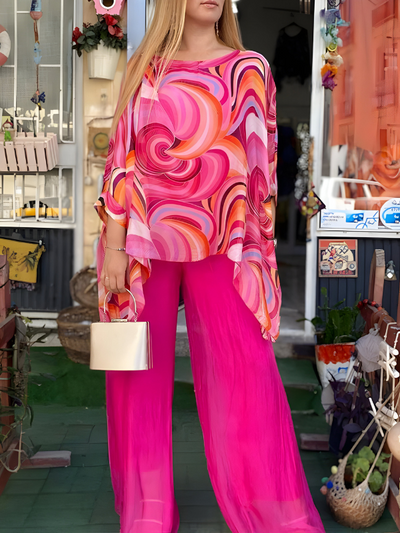 Nicole | Tweedelige chiffon set met ronde halslijn en print, casual stijl