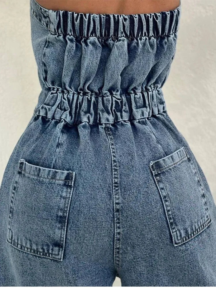 Denim Bandeau Jumpsuit met Rits en Jasje Set 
