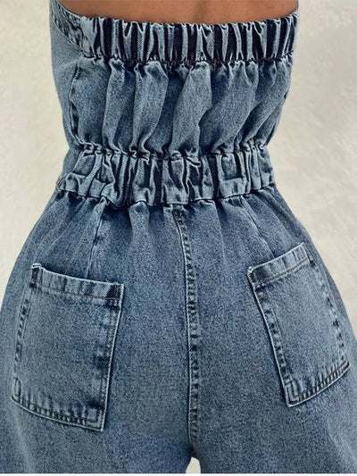Denim Bandeau Jumpsuit met Rits en Jasje Set 