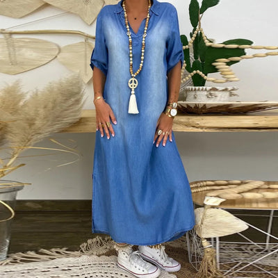 Lea | Lange denimlook jurk met zijsplit