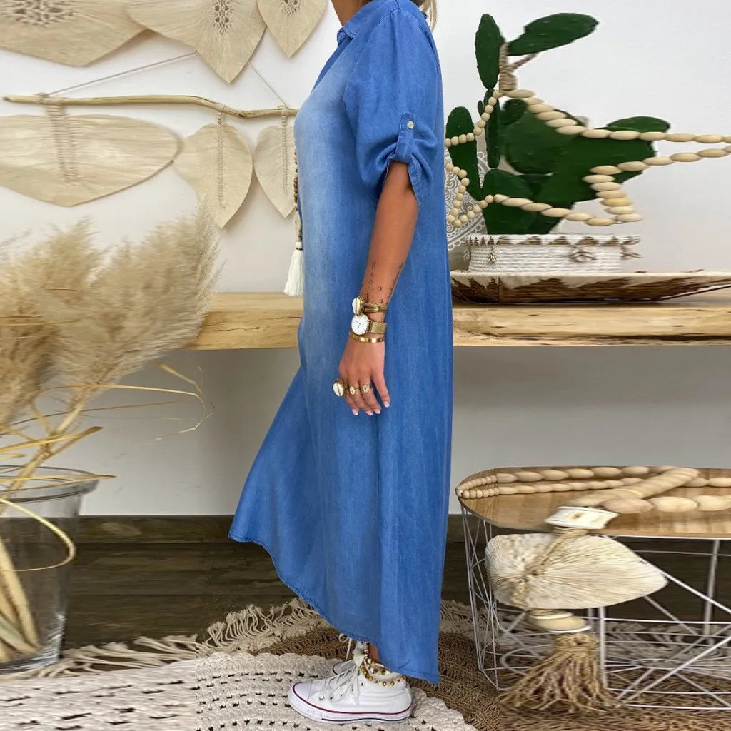 Lea | Lange denimlook jurk met zijsplit