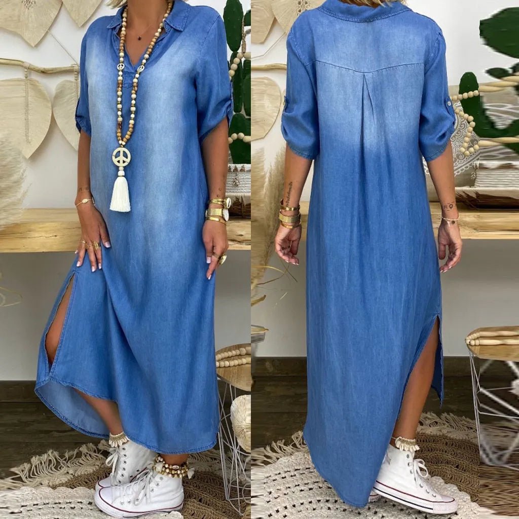 Lea | Lange denimlook jurk met zijsplit