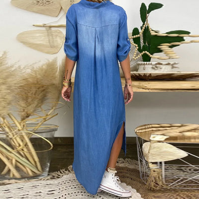 Lea | Lange denimlook jurk met zijsplit