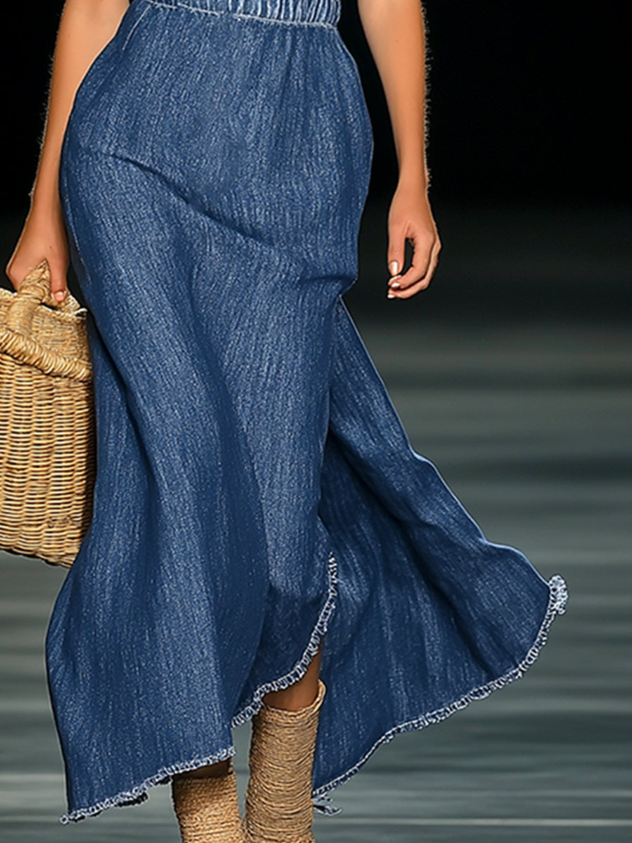 Fleur – Strapless denim maxi-jurk met 3D-bloemen