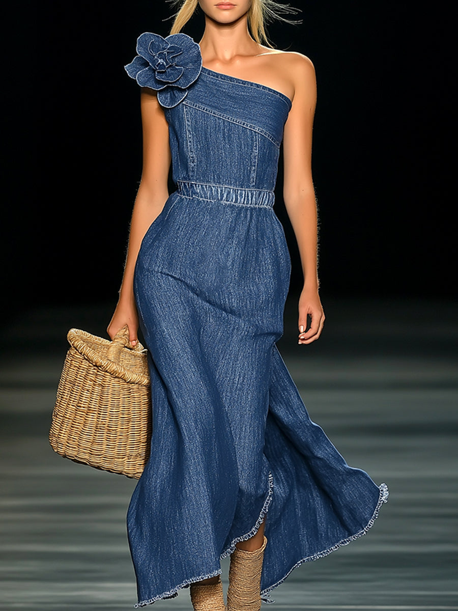 Fleur – Strapless denim maxi-jurk met 3D-bloemen