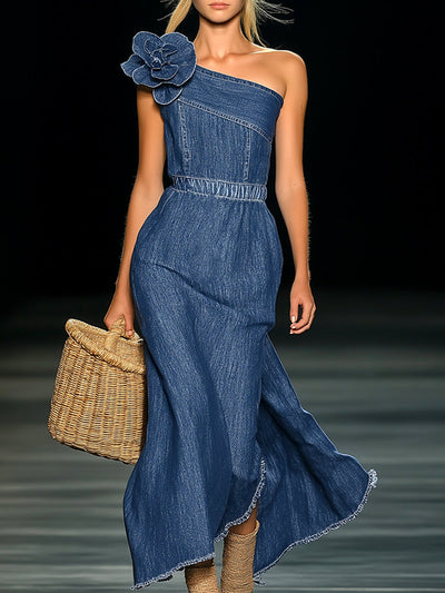 Fleur – Strapless denim maxi-jurk met 3D-bloemen