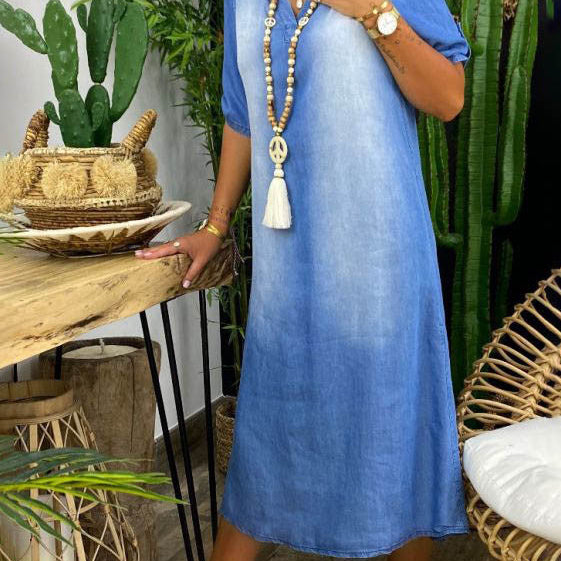 Ilse| Zomerse V-hals halflange denimjurk
