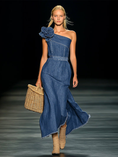 Fleur – Strapless denim maxi-jurk met 3D-bloemen