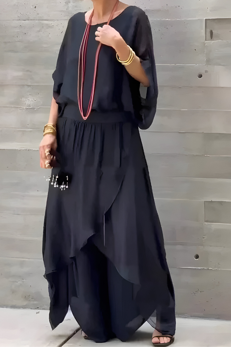 Carlotte | Wijde top en losse broek met split – Tweedelige chiffon set