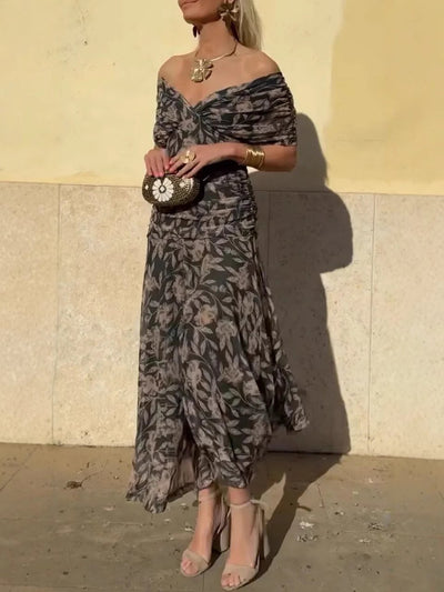 Off-shoulder V-hals bedrukte jurk voor dames