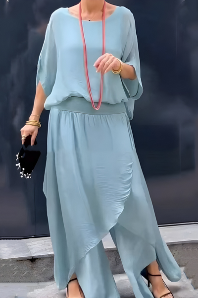 Carlotte | Wijde top en losse broek met split – Tweedelige chiffon set