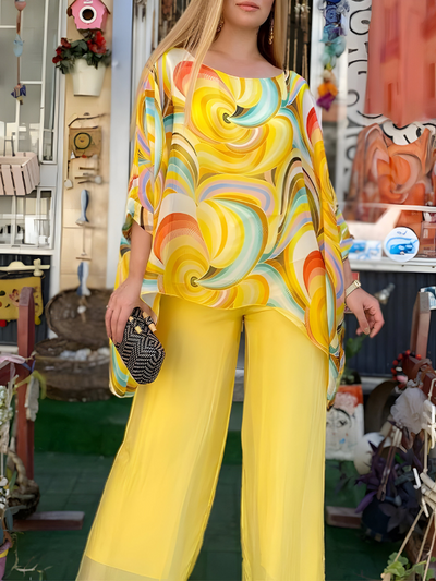 Nicole | Tweedelige chiffon set met ronde halslijn en print, casual stijl