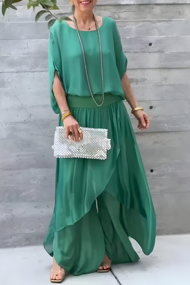 Carlotte | Wijde top en losse broek met split – Tweedelige chiffon set