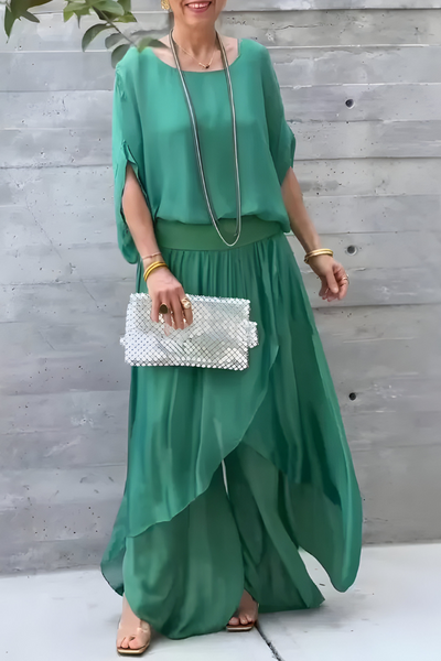 Carlotte | Wijde top en losse broek met split – Tweedelige chiffon set
