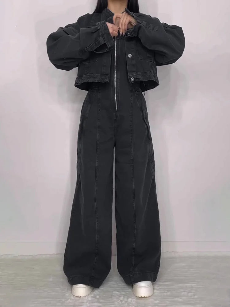 Denim Bandeau Jumpsuit met Rits en Jasje Set 