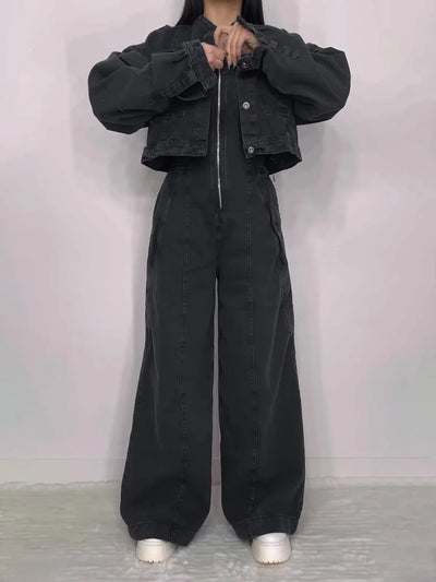 Denim Bandeau Jumpsuit met Rits en Jasje Set 