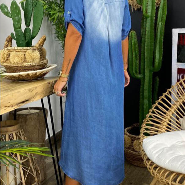 Ilse| Zomerse V-hals halflange denimjurk