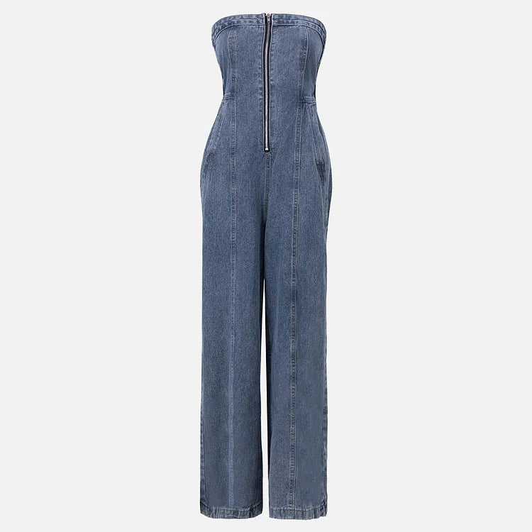 Denim Bandeau Jumpsuit met Rits en Jasje Set 