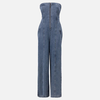 Denim Bandeau Jumpsuit met Rits en Jasje Set 