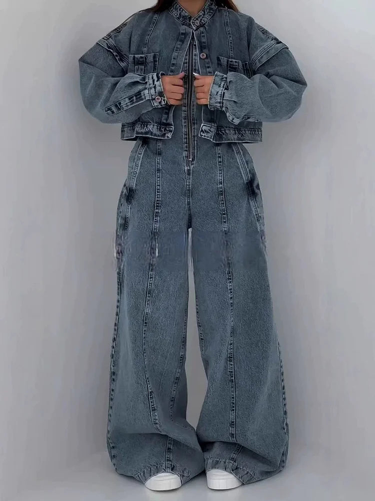 Denim Bandeau Jumpsuit met Rits en Jasje Set 