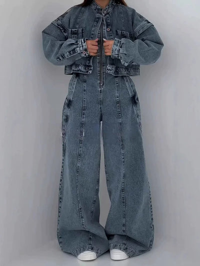 Denim Bandeau Jumpsuit met Rits en Jasje Set 