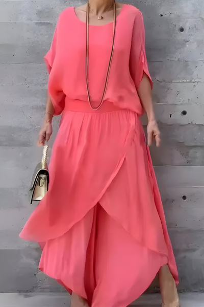 Carlotte | Wijde top en losse broek met split – Tweedelige chiffon set