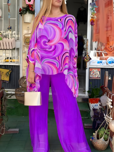 Nicole | Tweedelige chiffon set met ronde halslijn en print, casual stijl