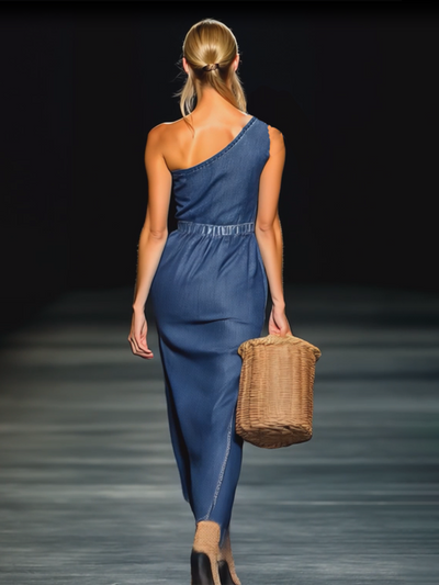 Fleur – Strapless denim maxi-jurk met 3D-bloemen
