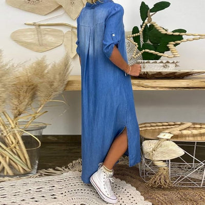 Ilse| Zomerse V-hals halflange denimjurk