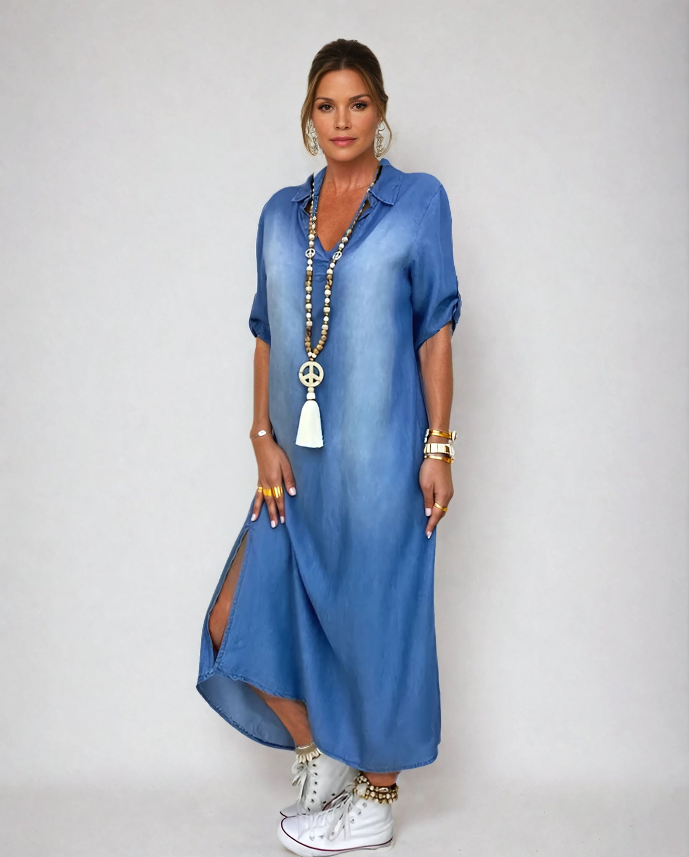 Lea | Lange denimlook jurk met zijsplit