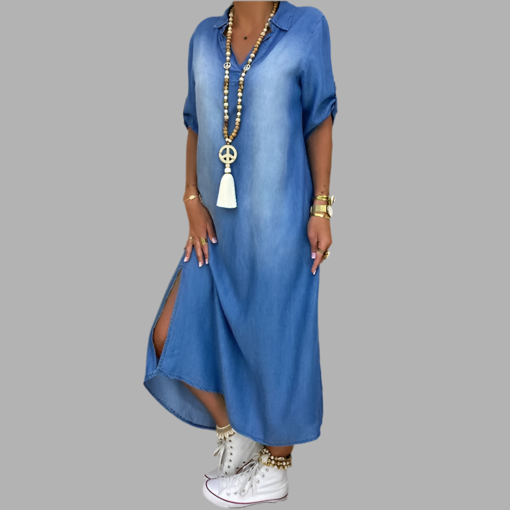 Lea | Lange denimlook jurk met zijsplit