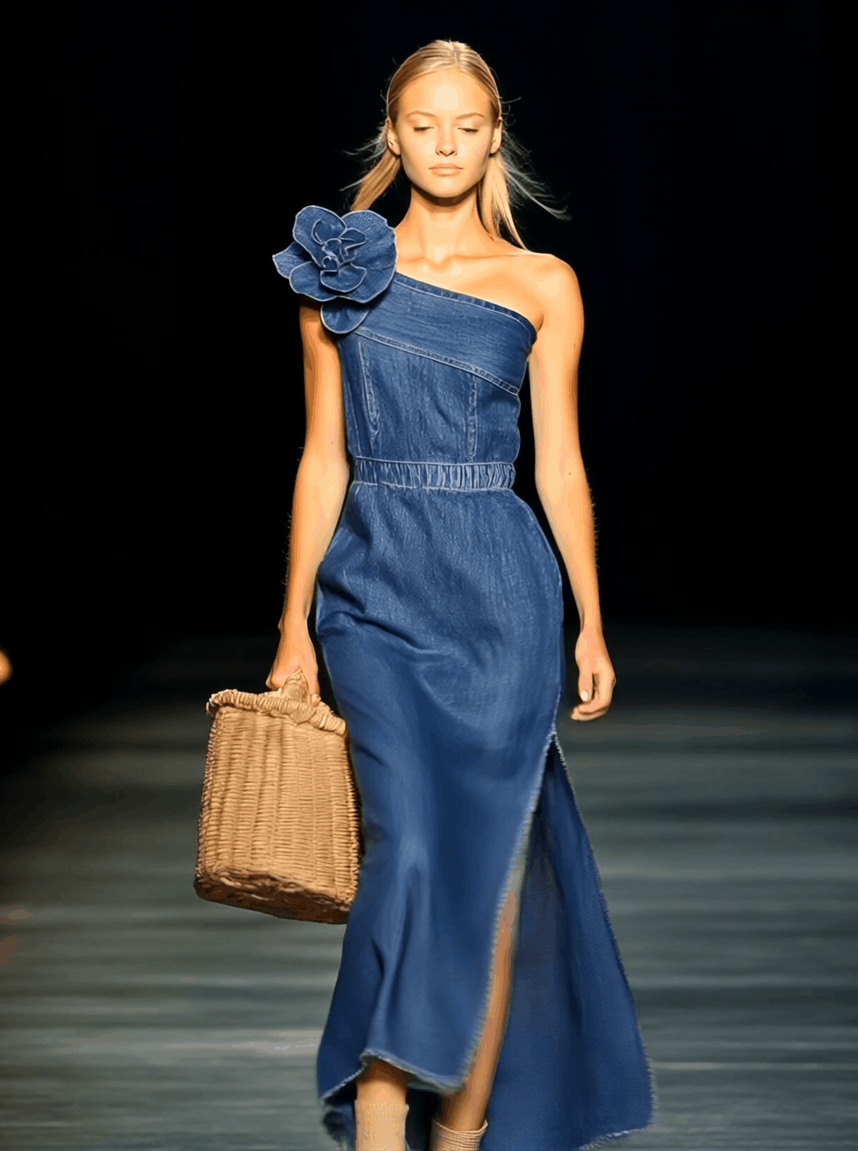 Fleur – Strapless denim maxi-jurk met 3D-bloemen