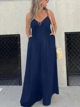 Comfortabele damesjumpsuit met V-hals en wijde pijpen