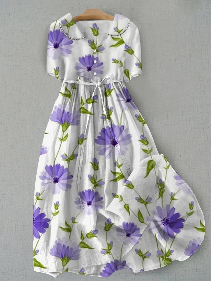 Sage - Retro bloemenjurk met tailleband en 3/4 mouwen