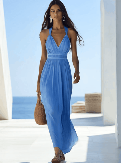 Aurora – Lichtblauwe chiffon maxi-jurk van hoge kwaliteit