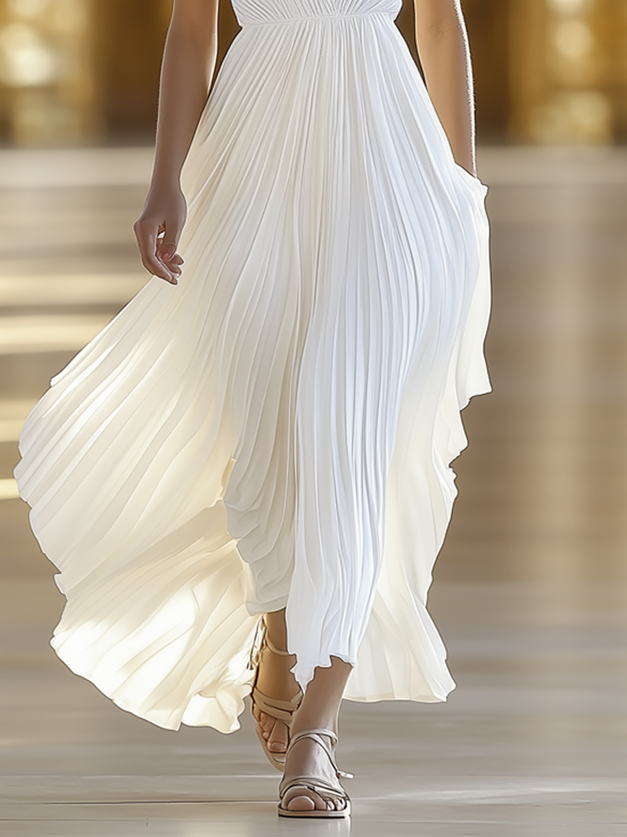 Livia – Premium chiffon geplooide maxi-jurk met V-hals