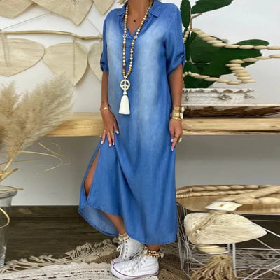 Ilse| Zomerse V-hals halflange denimjurk