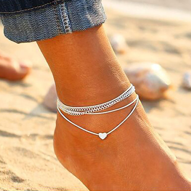 Creatieve enkelband | Damesmode Zilverkleurige enkelbandjes met hartjes voor de zomer