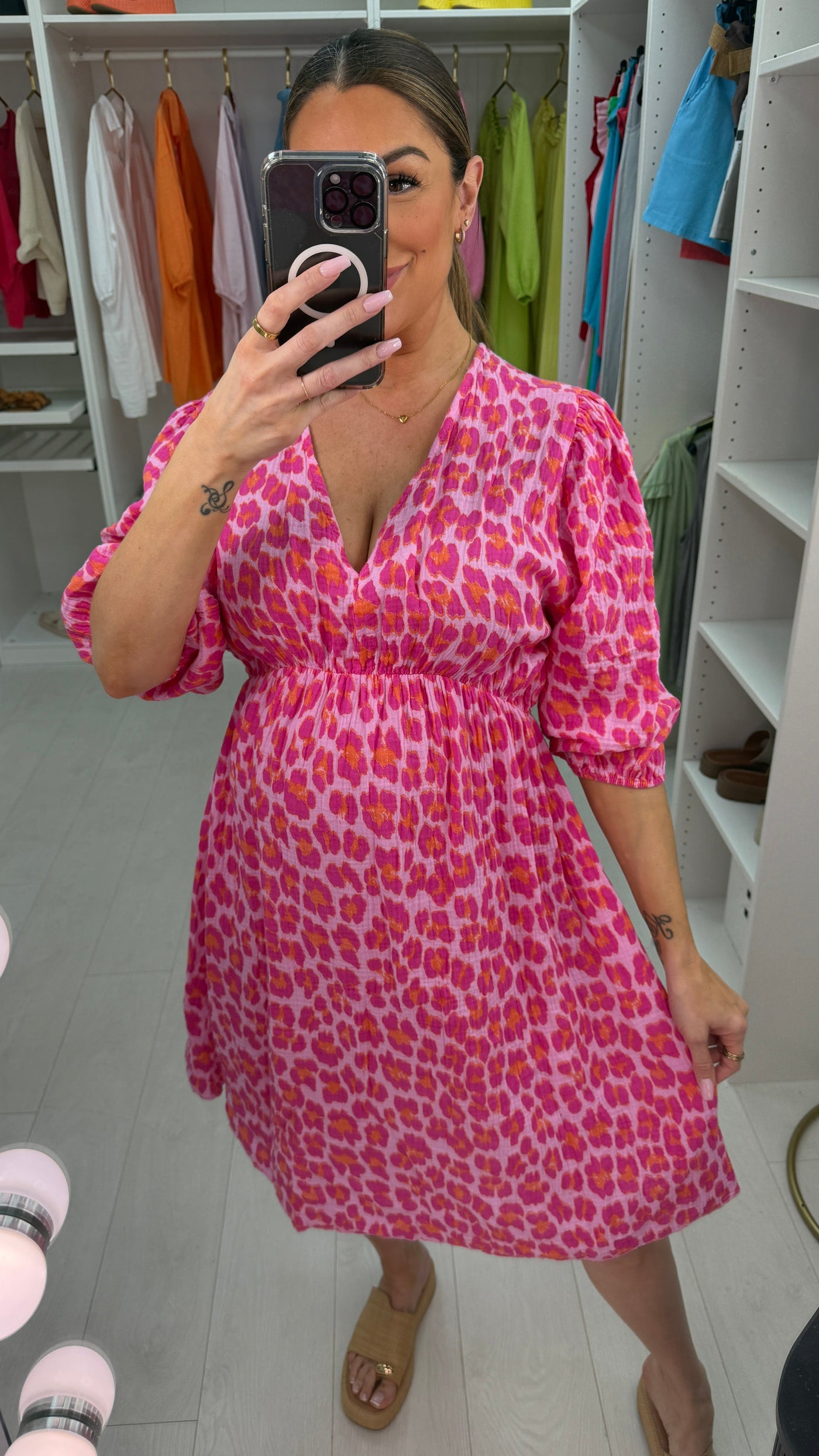 Tayla luipaardprint kaasdoek midi-jurk