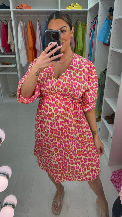 Tayla luipaardprint kaasdoek midi-jurk