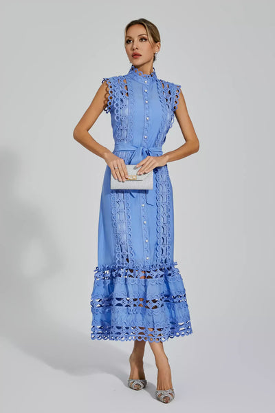 Nica™ | Blauwe mouwloze maxi-jurk met holle hals