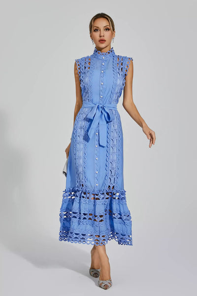 Nica™ | Blauwe mouwloze maxi-jurk met holle hals