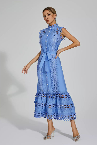 Nica™ | Blauwe mouwloze maxi-jurk met holle hals
