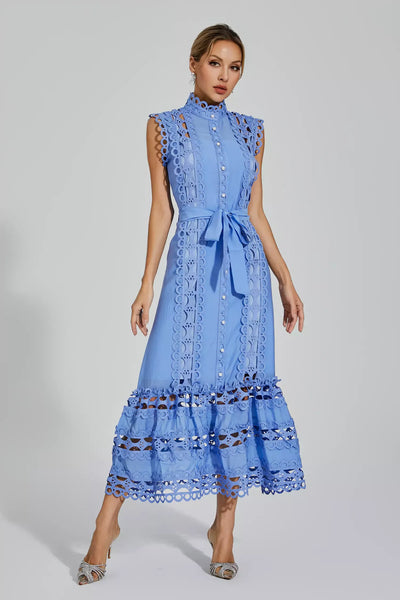 Nica™ | Blauwe mouwloze maxi-jurk met holle hals