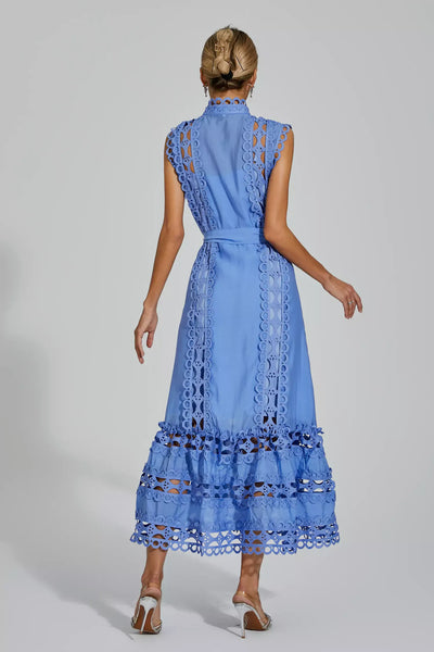 Nica™ | Blauwe mouwloze maxi-jurk met holle hals